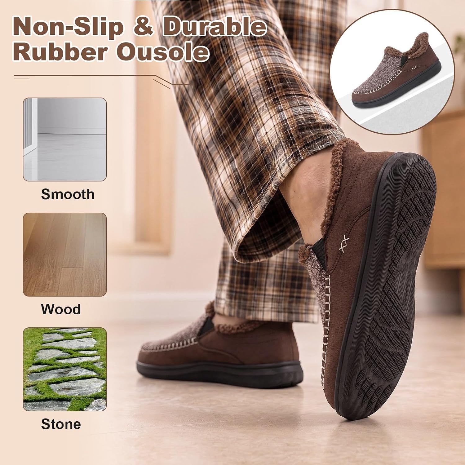 image:imageLeIsfIt Mens Moccasin Slippers Wide Toe Box SlipOn Winter House ShoesBrown Mix