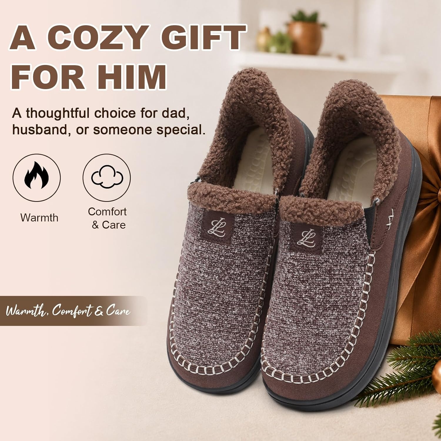 image:imageLeIsfIt Mens Moccasin Slippers Wide Toe Box SlipOn Winter House ShoesBrown Mix