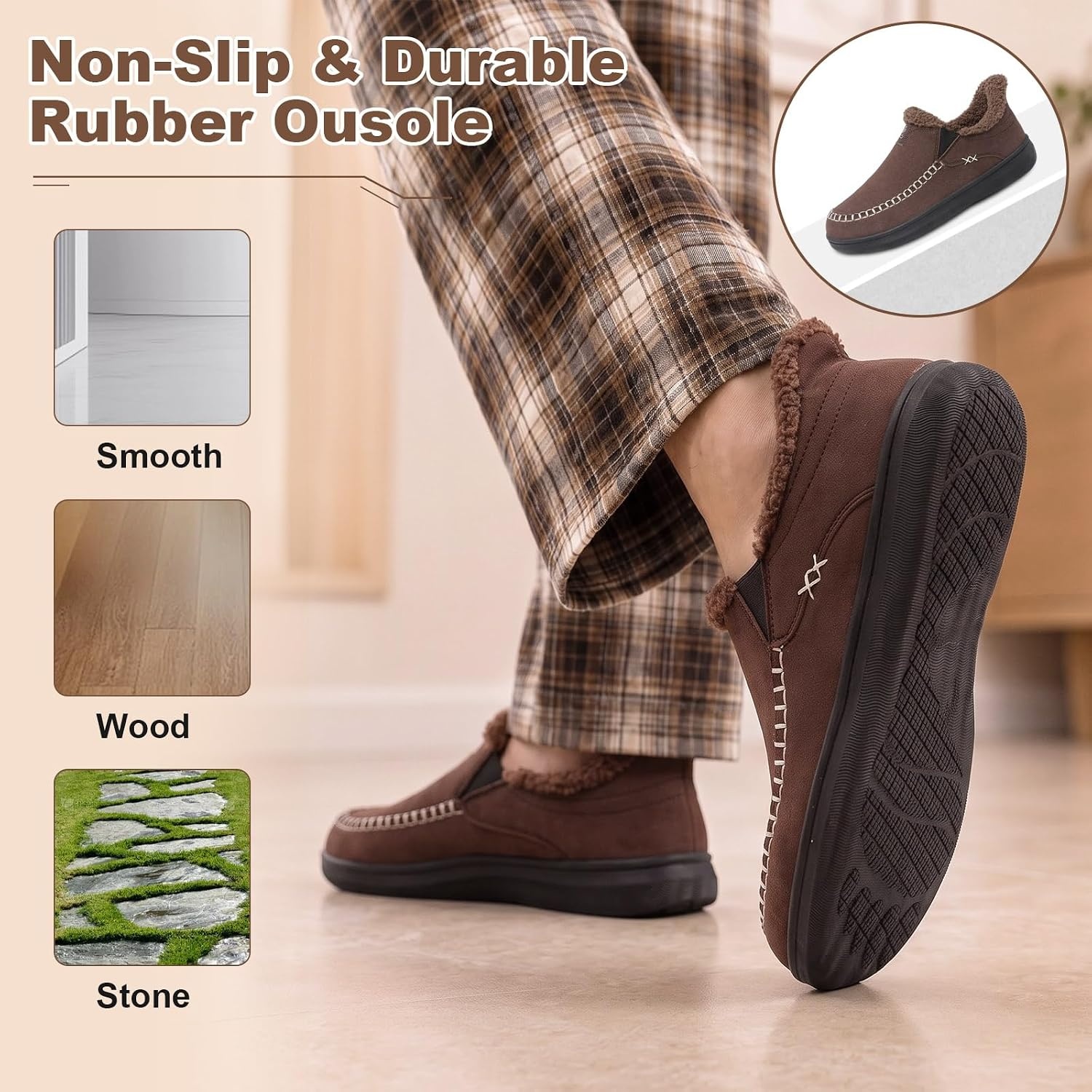image:imageLeIsfIt Mens Moccasin Slippers Wide Toe Box SlipOn Winter House ShoesChocolate