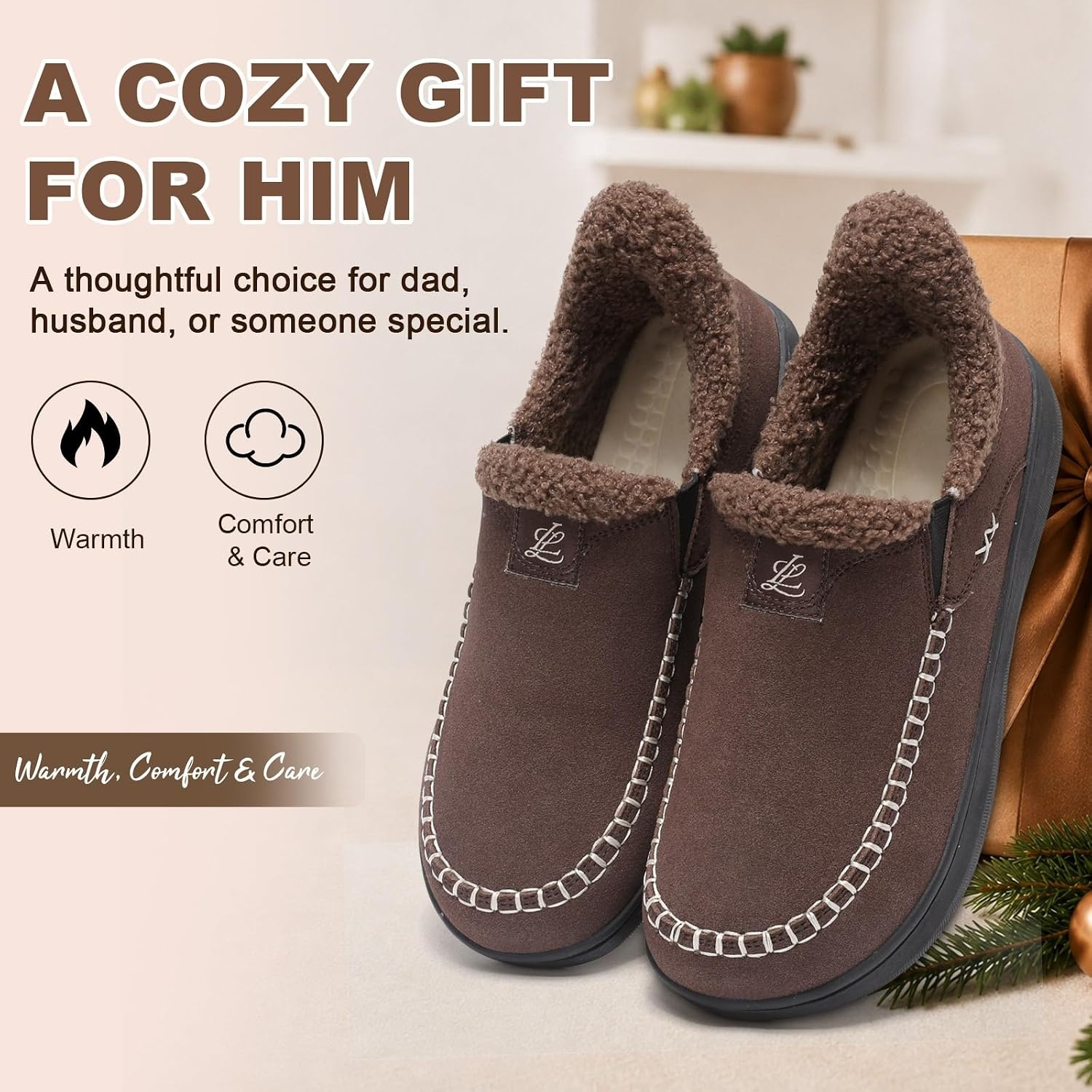 image:imageLeIsfIt Mens Moccasin Slippers Wide Toe Box SlipOn Winter House ShoesChocolate