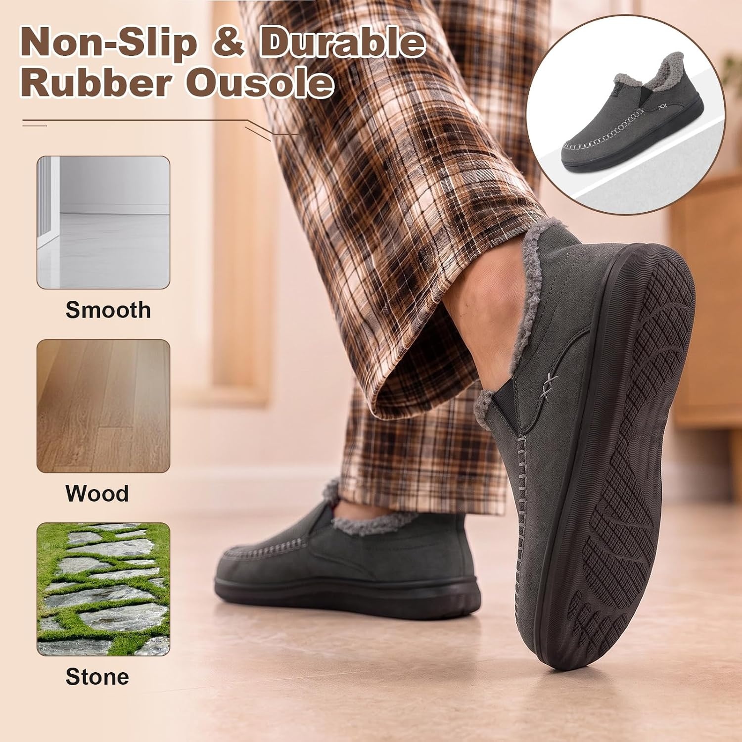 image:imageLeIsfIt Mens Moccasin Slippers Wide Toe Box SlipOn Winter House ShoesGrey