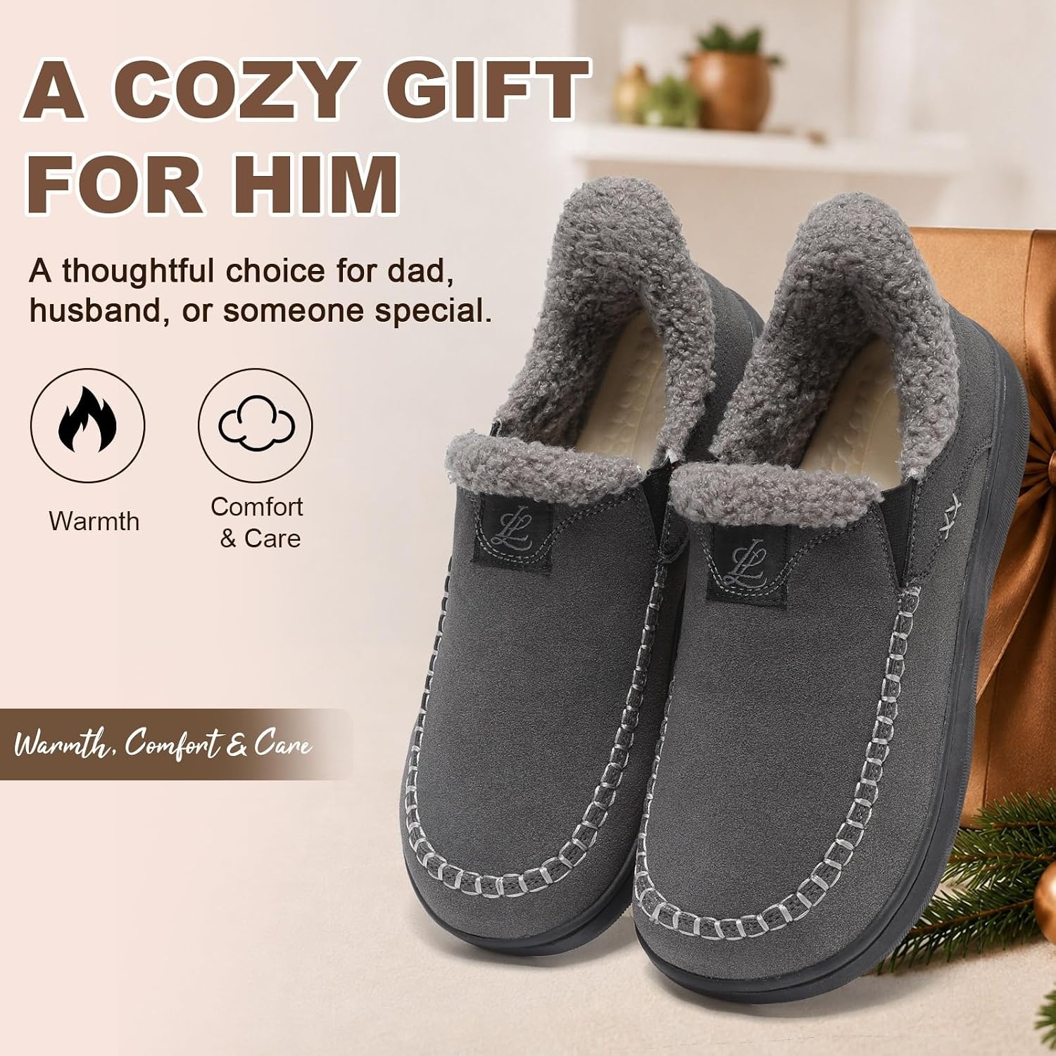 image:imageLeIsfIt Mens Moccasin Slippers Wide Toe Box SlipOn Winter House ShoesGrey