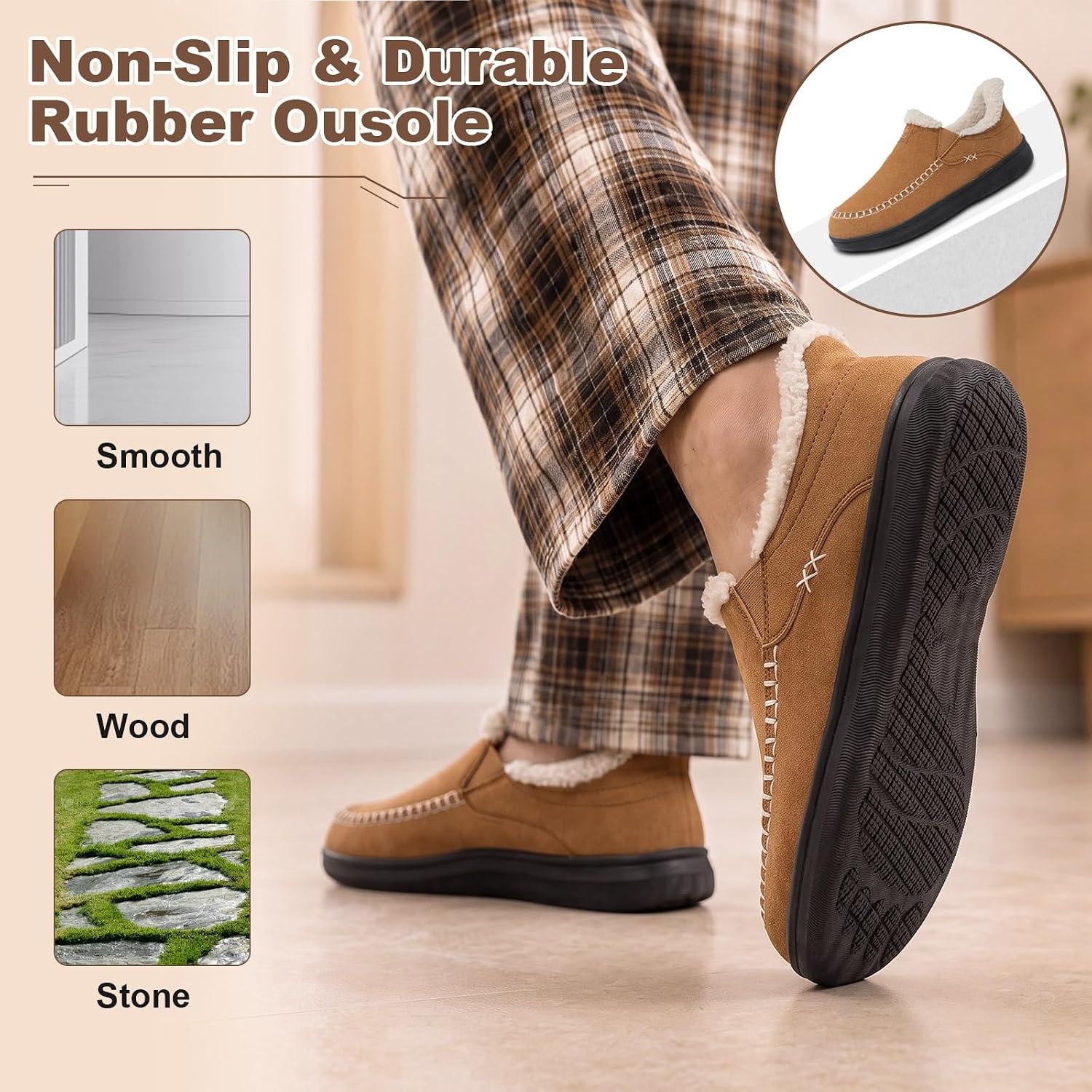 image:imageLeIsfIt Mens Moccasin Slippers Wide Toe Box SlipOn Winter House ShoesTan