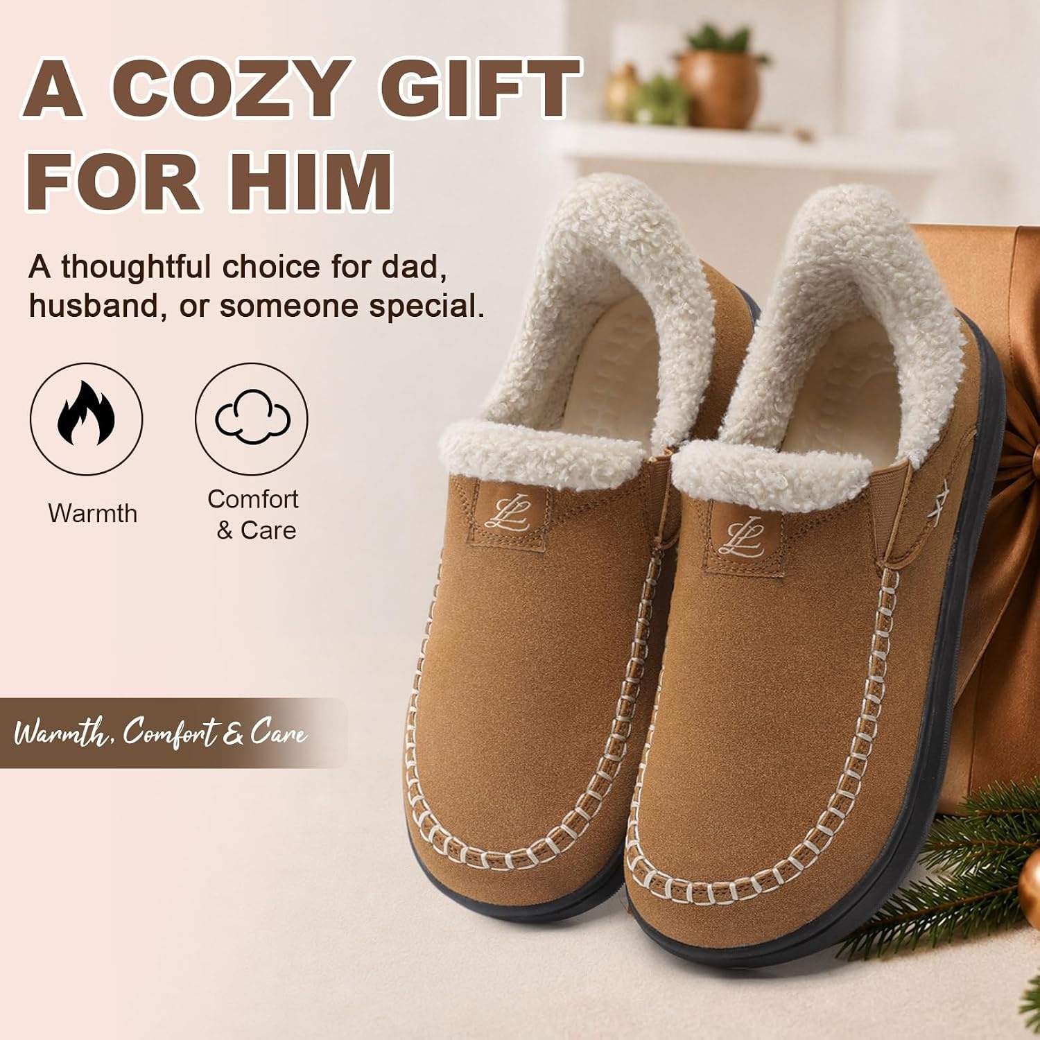 image:imageLeIsfIt Mens Moccasin Slippers Wide Toe Box SlipOn Winter House ShoesTan